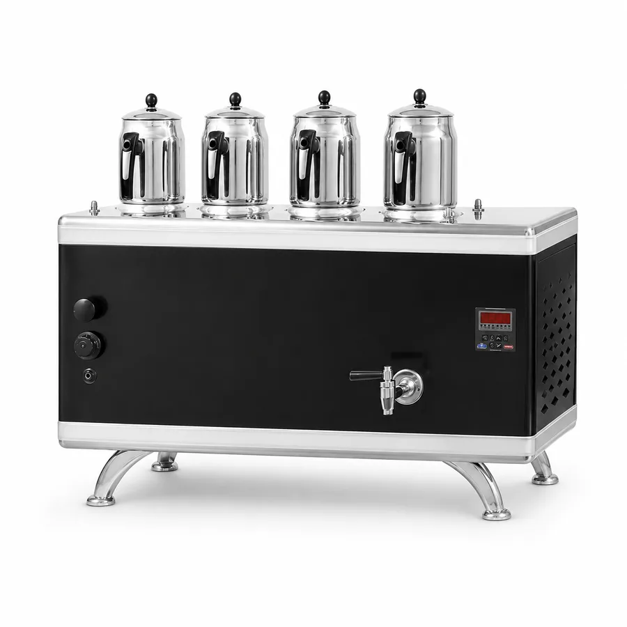 Ateşe Titanium Compact 45 Litre Akıllı Dijital Çay Kazanı | Gazlı &amp; Elektrikli, Statik Boyalı, 4 Demlikli Endüstriyel Çay Makinesi