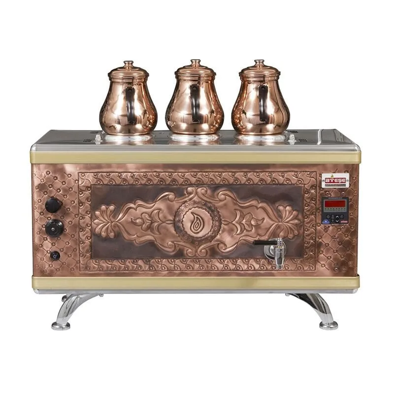 Ateşe Titanium Compact Akıllı Gazlı Elektrikli Bakır 3 Demlikli Çay Kazanı, 34 Litre