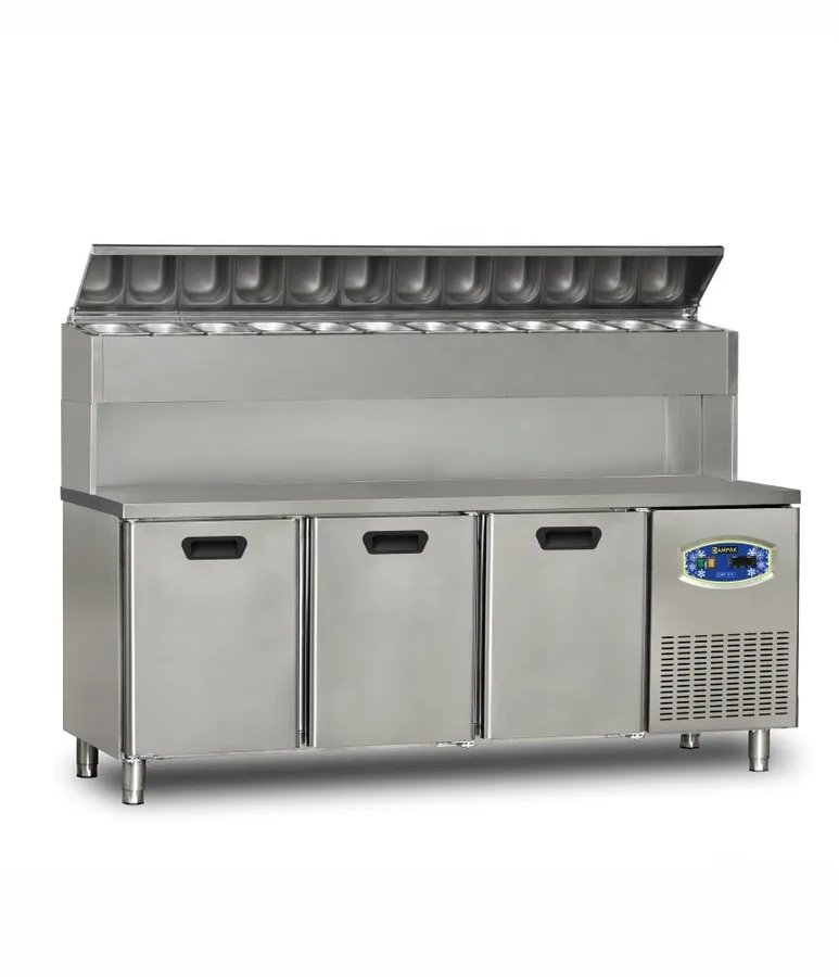Dampak 3 Kapılı Tezgah Tip Buzdolabı Pizza Hazırlık Tablalı Yüksek Model 200x70 Cm 450 L