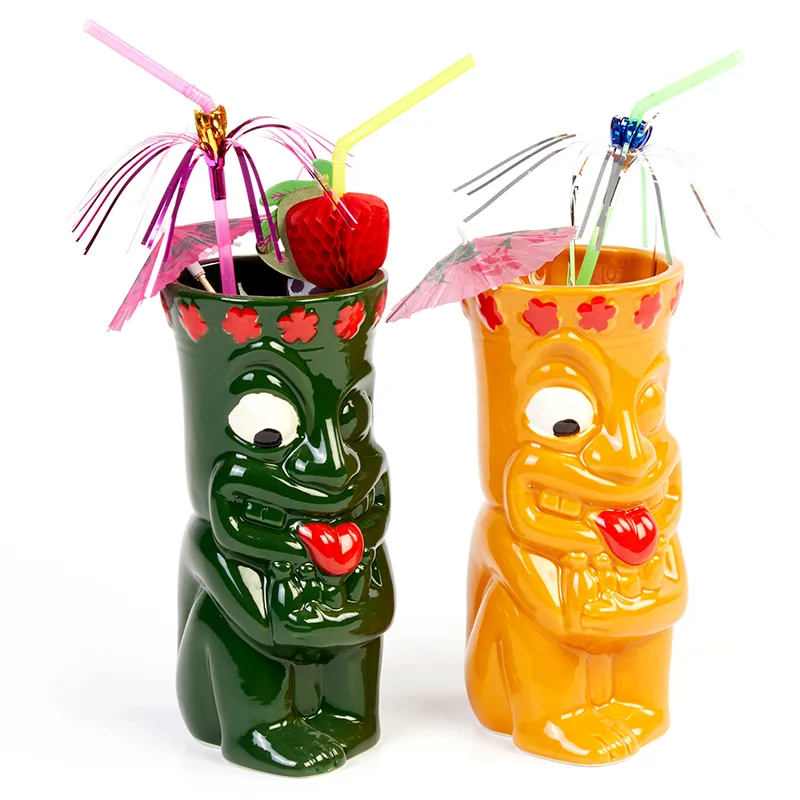 Biradlı GRV-20204 Seramik Tiki Mug Kokteyl Bardağı, 460 cc, 7.5x18 cm, Yeşil