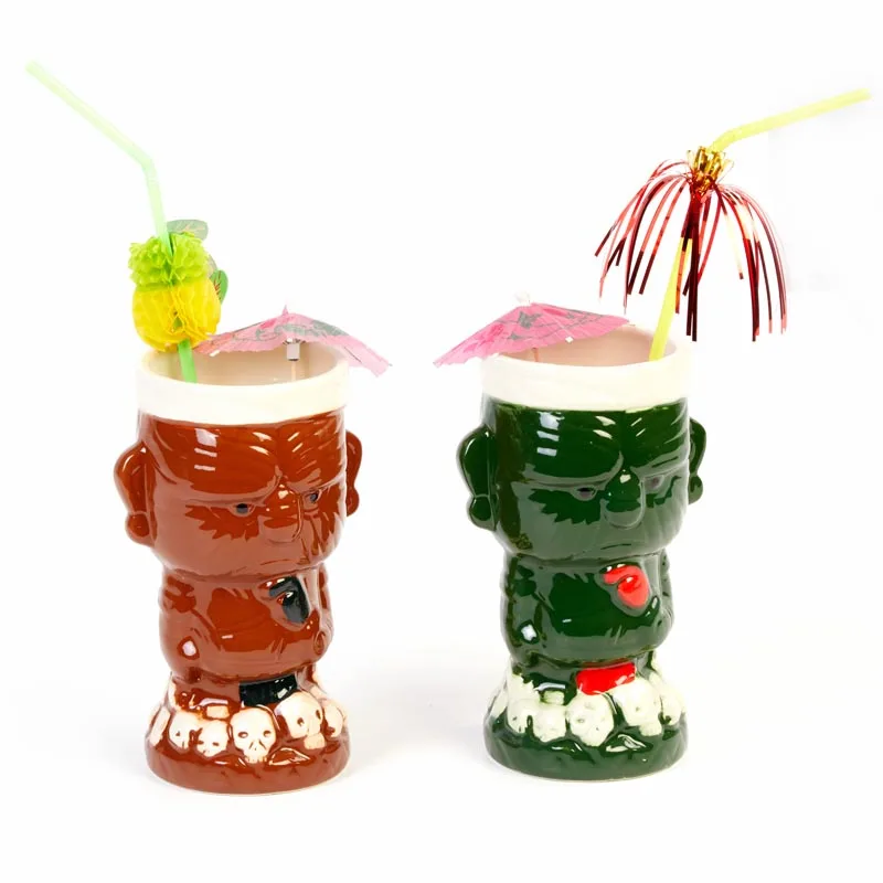 Biradlı GRV-20211 Seramik Tiki Mug Kokteyl Bardağı, 410 cc, 8.5x16.5 cm, Yeşil
