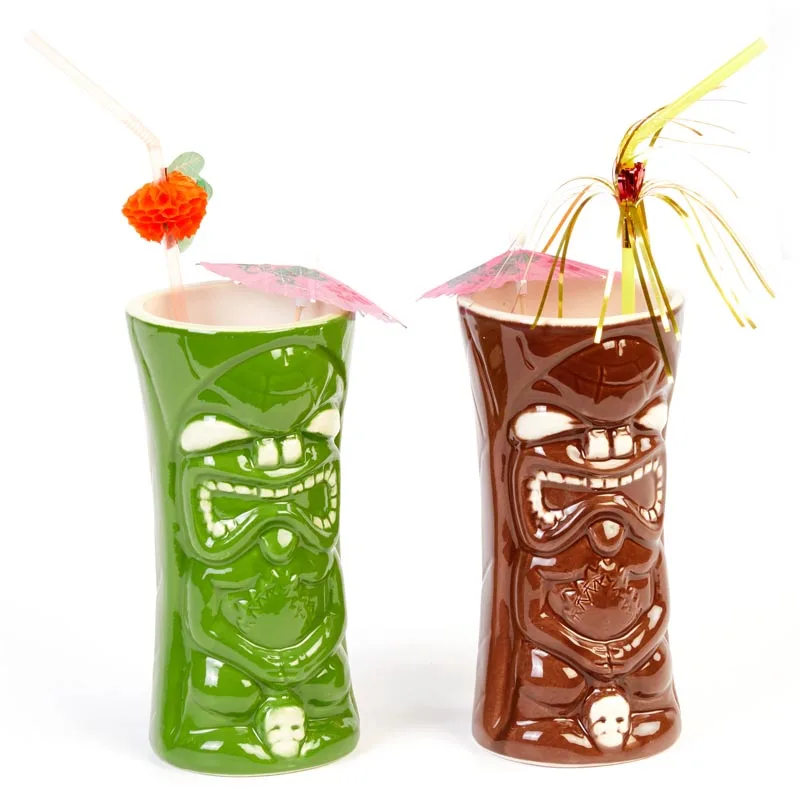 Biradlı GRV-20212 Seramik Tiki Mug Kokteyl Bardağı, 440 cc, 8x17, 5 cm, Yeşil