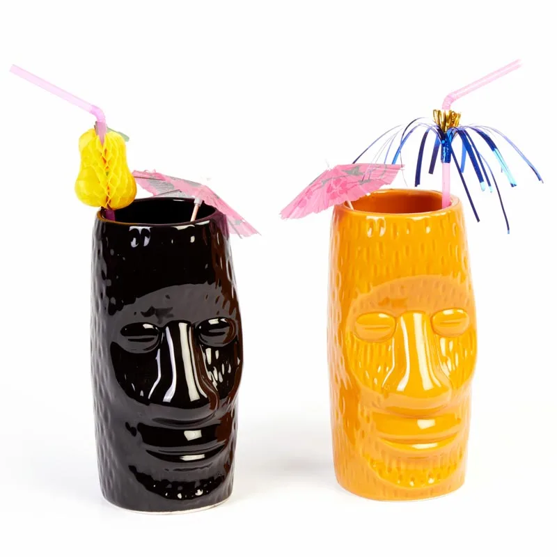 Biradlı GRV-20208 Seramik Tiki Mug Kokteyl Bardağı, 600 cc, 8x17 cm, Siyah