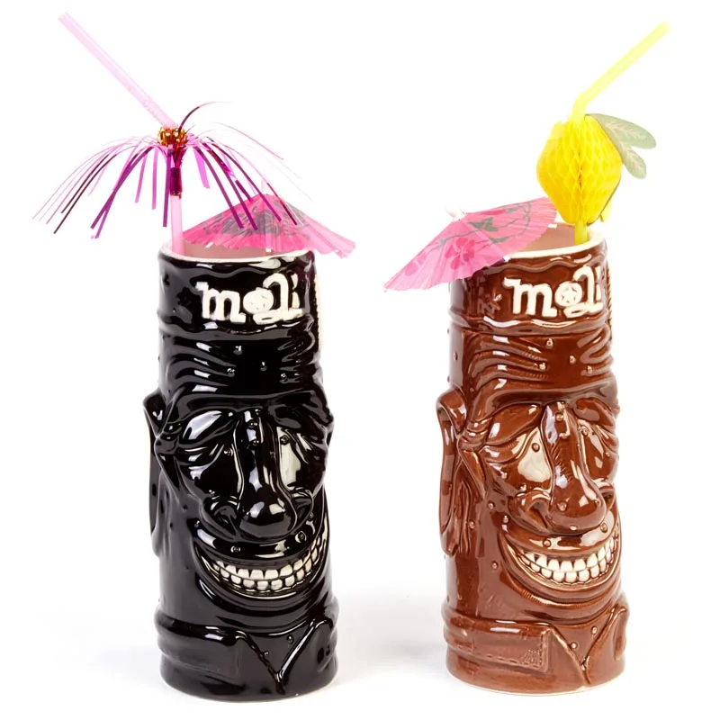 Biradlı GRV-20218 Seramik Tiki Mug Kokteyl Bardağı, 430 cc, 8x18, 5 cm, Siyah