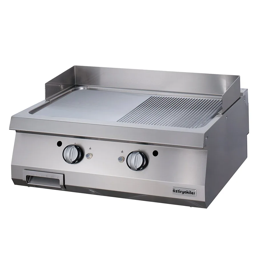 Öztiryakiler Gazlı Grill Plate, Yarı Oluklu, Sert Krom Kaplı, 80x90x30 cm, OGG 8090 1/2 N