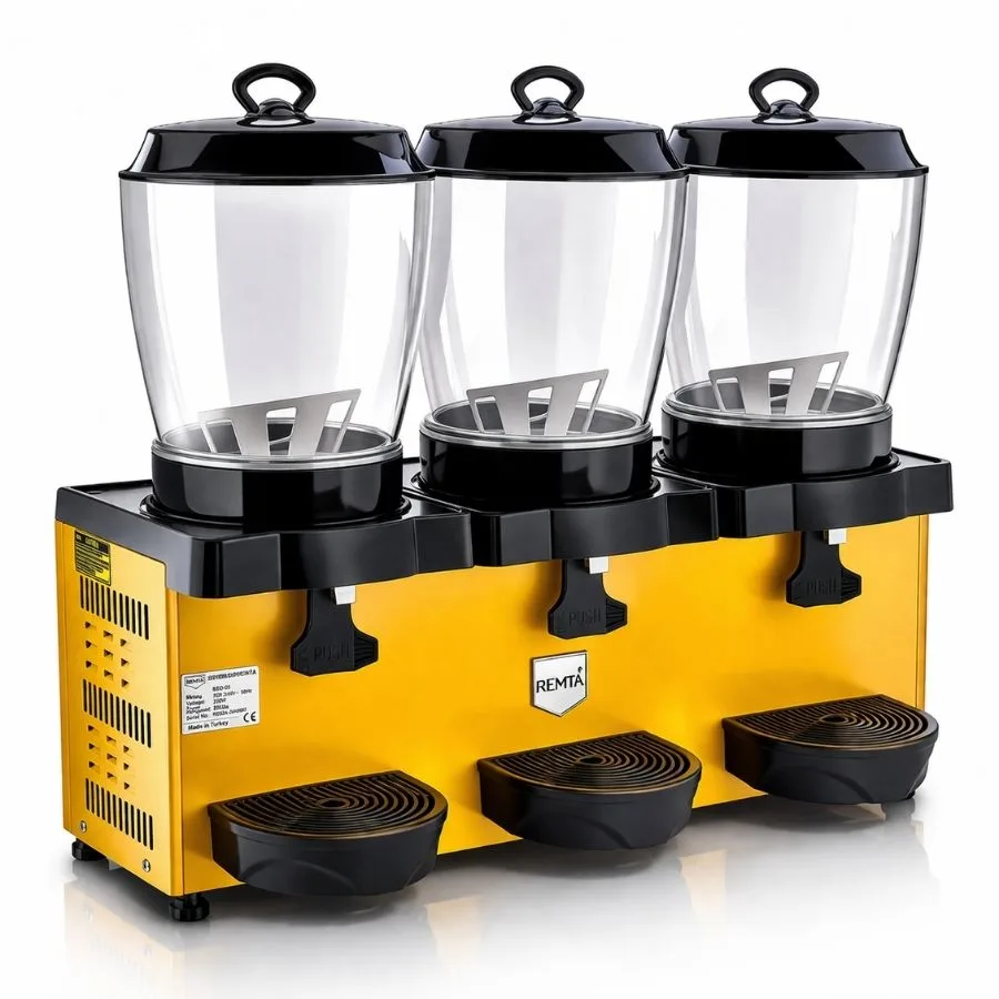 Remta ST38 Royal 3'lü Mini Şerbet ve Ayran Makinesi, Karıştırıcılı, 11+11+11 Litre Kapasiteli, Sarı